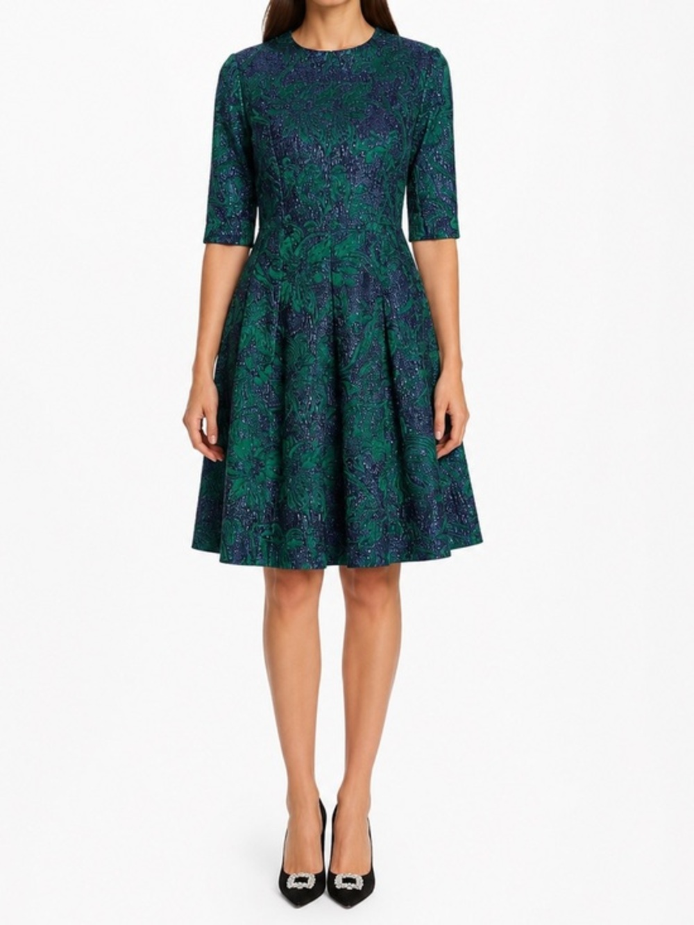 Ricki Freeman Teri Jon Metallic Jacquard Fit Flare Cocktail Dress Blue Green 10